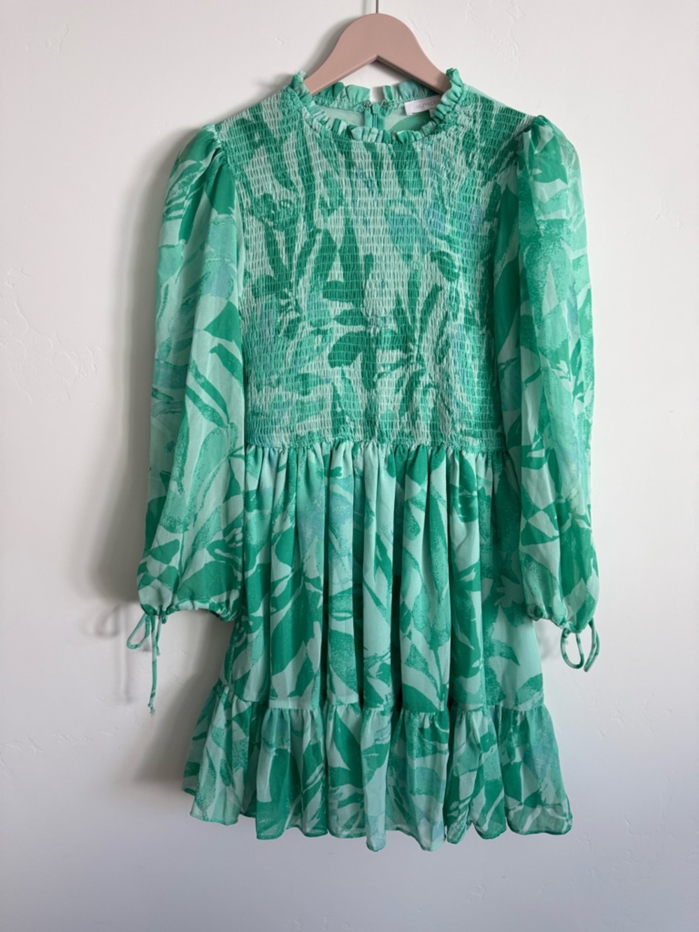 Olivaceous Mint Green Leaf-Print Smocked Casual Dress